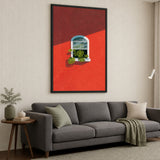 Botanical Architecture Modern Wall Art Print – Monstera Window on Red Wall