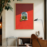 Botanical Architecture Modern Wall Art Print – Monstera Window on Red Wall