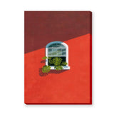 Botanical Architecture Modern Wall Art Print – Monstera Window on Red Wall