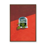 Botanical Architecture Modern Wall Art Print – Monstera Window on Red Wall