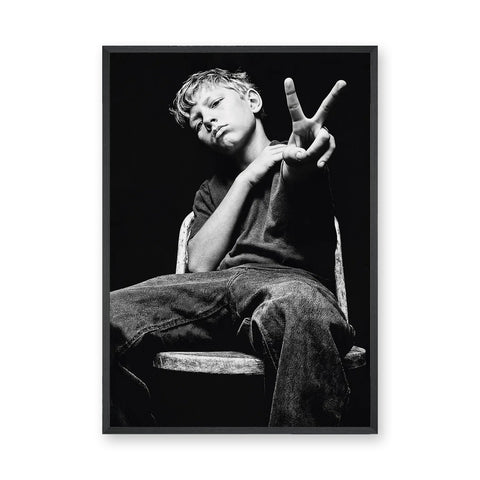Boy Portrait Photography Modern Minimalist Wall Decor – Black and White Peace Sign Photo