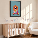 Cartoon Lion Scooter Kids Wall Art Print – Pink Scooter on Teal Background