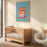 Cartoon Lion Scooter Kids Wall Art Print – Pink Scooter on Teal Background