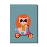 Cartoon Lion Scooter Kids Wall Art Print – Pink Scooter on Teal Background