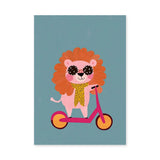 Cartoon Lion Scooter Kids Wall Art Print – Pink Scooter on Teal Background