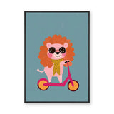 Cartoon Lion Scooter Kids Wall Art Print – Pink Scooter on Teal Background