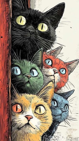 Cats Pop Art Wall Art Poster – Colorful Wide-Eyed Cats Peeking