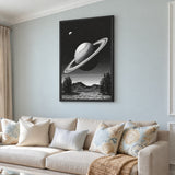 Celestial Vintage Wall Art Poster – Black and White Saturn Mountain Lake