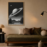 Celestial Vintage Wall Art Poster – Black and White Saturn Mountain Lake