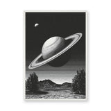 Celestial Vintage Wall Art Poster – Black and White Saturn Mountain Lake