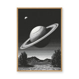 Celestial Vintage Wall Art Poster – Black and White Saturn Mountain Lake