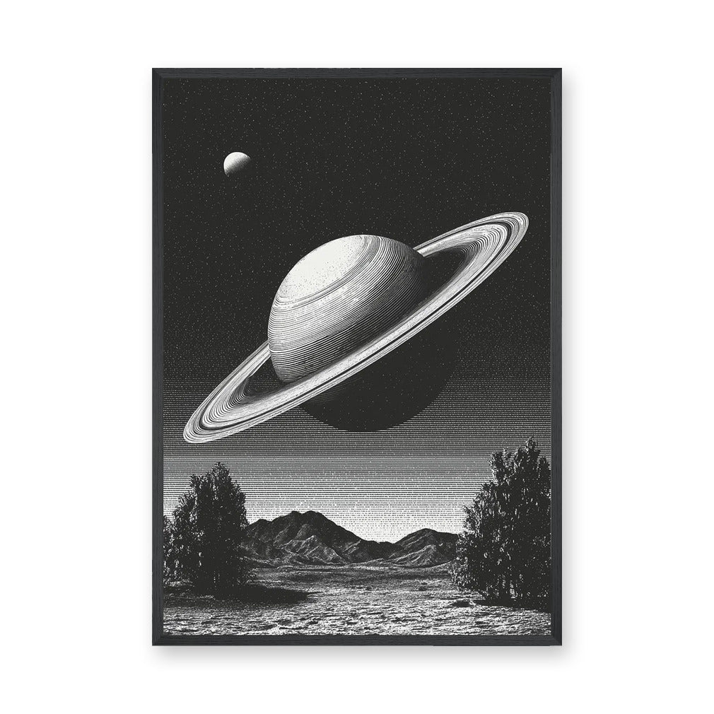 Celestial Vintage Wall Art Poster – Black and White Saturn Mountain Lake