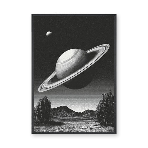 Celestial Vintage Wall Art Poster – Black and White Saturn Mountain Lake