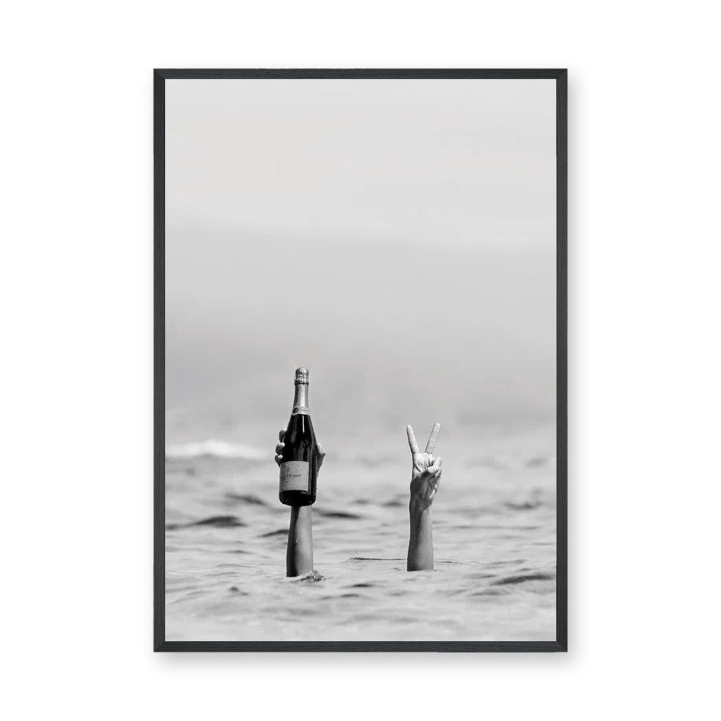 Champagne Ocean Surreal Wall Art Poster – Black and White Peace Swim