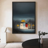 Cityscape Modern Wall Decor – Moody Glowing Houses Under a Dark Sky