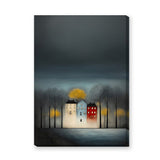 Cityscape Modern Wall Decor – Moody Glowing Houses Under a Dark Sky