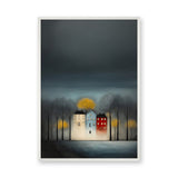 Cityscape Modern Wall Decor – Moody Glowing Houses Under a Dark Sky