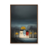 Cityscape Modern Wall Decor – Moody Glowing Houses Under a Dark Sky