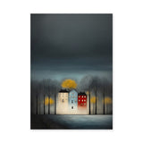 Cityscape Modern Wall Decor – Moody Glowing Houses Under a Dark Sky