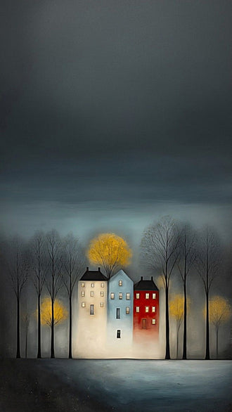 Cityscape Modern Wall Decor – Moody Glowing Houses Under a Dark Sky