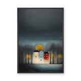 Cityscape Modern Wall Decor – Moody Glowing Houses Under a Dark Sky