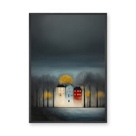 Cityscape Modern Wall Decor – Moody Glowing Houses Under a Dark Sky