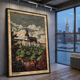 Cityscape Vintage Wall Art Poster – Pissiques hilltop town with trees