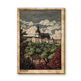 Cityscape Vintage Wall Art Poster – Pissiques hilltop town with trees