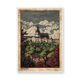 Cityscape Vintage Wall Art Poster – Pissiques hilltop town with trees