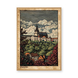 Cityscape Vintage Wall Art Poster – Pissiques hilltop town with trees