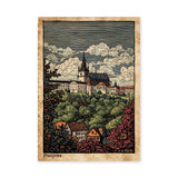 Cityscape Vintage Wall Art Poster – Pissiques hilltop town with trees