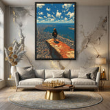 Coastal City Cliff Modern Wall Art Poster – Traveler Over Harbor and Blue Sky