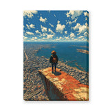 Coastal City Cliff Modern Wall Art Poster – Traveler Over Harbor and Blue Sky