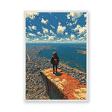 Coastal City Cliff Modern Wall Art Poster – Traveler Over Harbor and Blue Sky