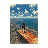 Coastal City Cliff Modern Wall Art Poster – Traveler Over Harbor and Blue Sky