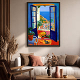 Coastal Window Cat Modern Wall Decor – Open Blue Doors to Seaside View