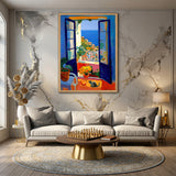 Coastal Window Cat Modern Wall Decor – Open Blue Doors to Seaside View