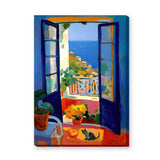Coastal Window Cat Modern Wall Decor – Open Blue Doors to Seaside View