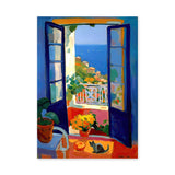 Coastal Window Cat Modern Wall Decor – Open Blue Doors to Seaside View