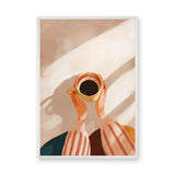 Coffee Cup Minimalist Wall Art Print – Hands Holding Coffee in Warm Sunlight