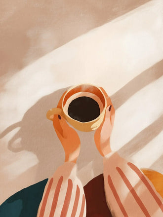Coffee Cup Minimalist Wall Art Print – Hands Holding Coffee in Warm Sunlight