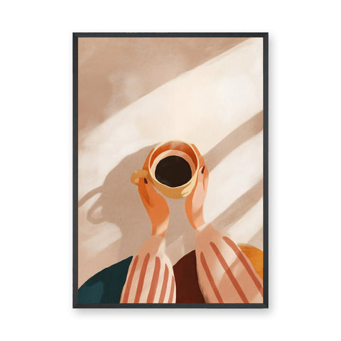 Coffee Cup Minimalist Wall Art Print – Hands Holding Coffee in Warm Sunlight