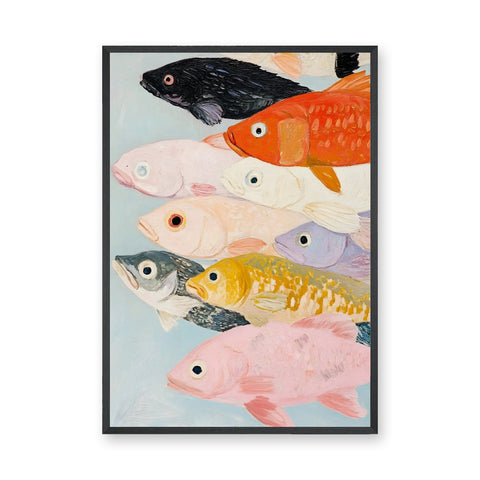 Colorful Fish Coastal Wall Art Print – Painted School on Light Blue