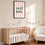 Cool Kids Typography Minimalist Wall Art Print – Green Text on Pink Stripes
