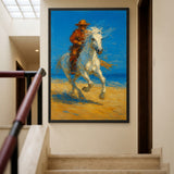 Cowboy Riding White Horse Traditional Wall Decor – Western Beach Landscape