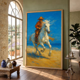 Cowboy Riding White Horse Traditional Wall Decor – Western Beach Landscape