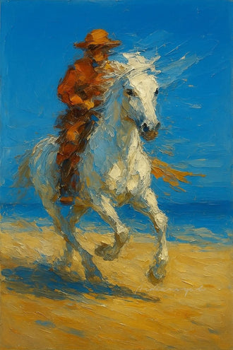 Cowboy Riding White Horse Traditional Wall Decor – Western Beach Landscape