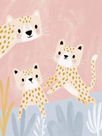 Cute Leopard Cubs Kids Wall Decor – Pastel Pink Nursery Animal Print