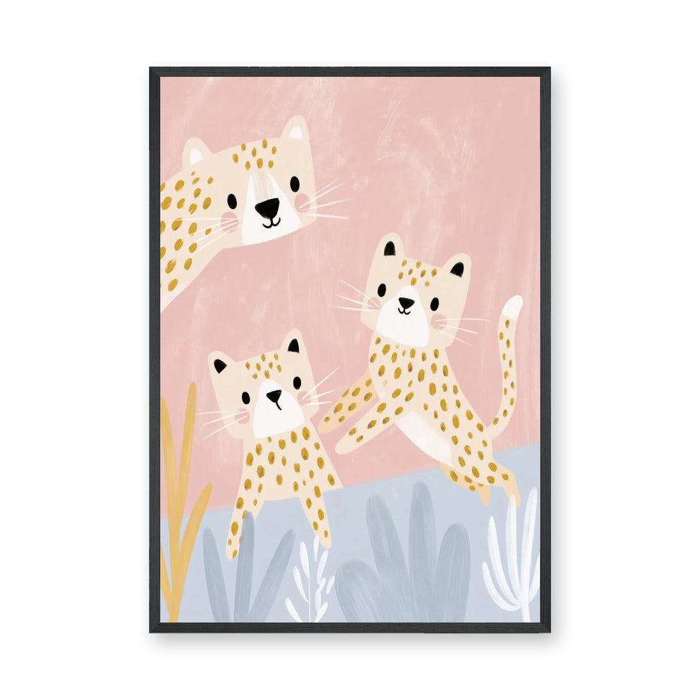 Cute Leopard Cubs Kids Wall Decor – Pastel Pink Nursery Animal Print