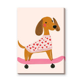 Dachshund Skateboard Kids Wall Decor – Dog in Heart Sweater on Pink Board